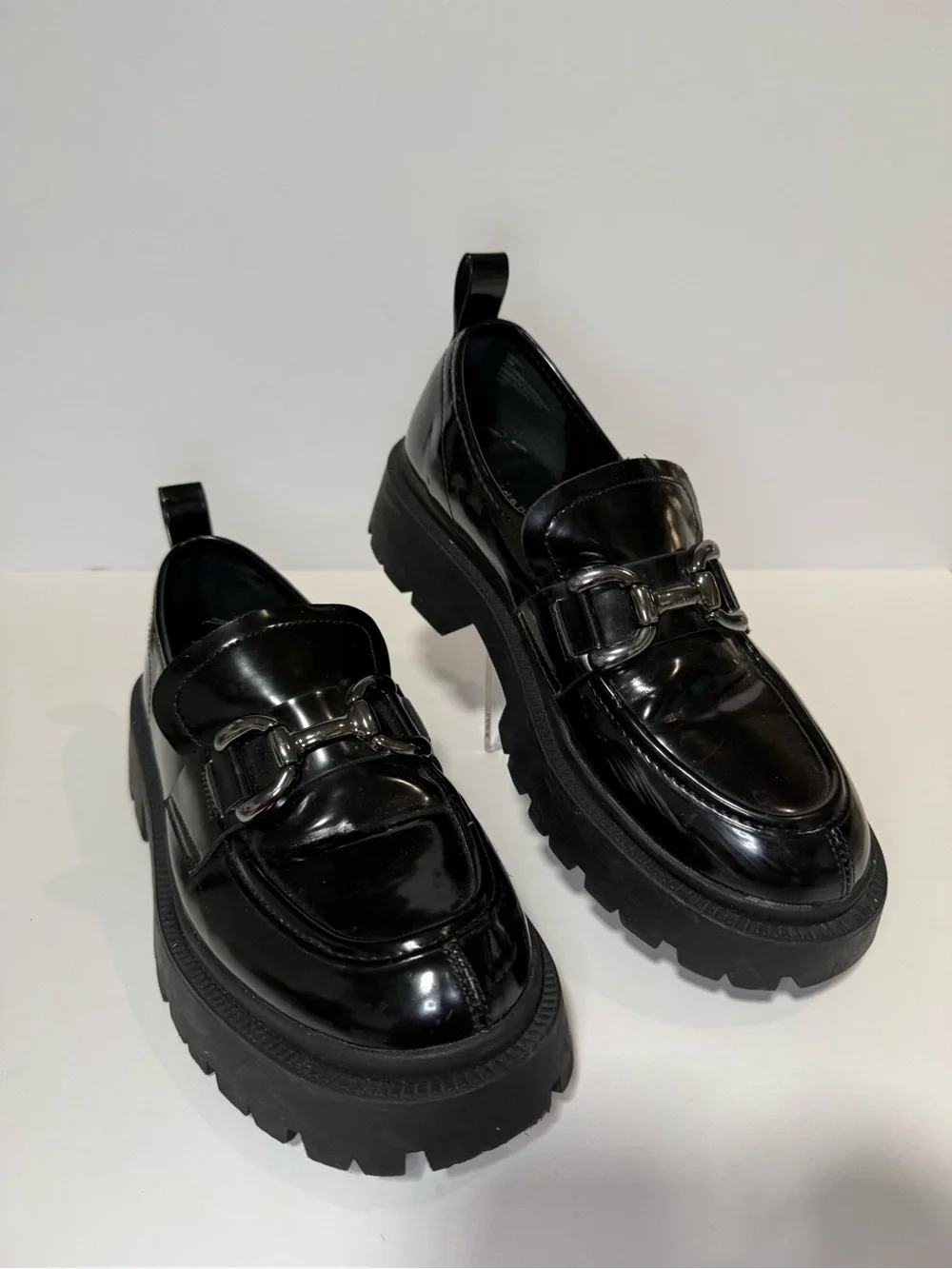 Madden Girl Black Patent Lug Sole Loafers with Metal Bit - Picture 2 of 9